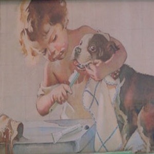 Vintage Girl Brushing Boston Terrier's Teeth Print Decoupaged on Wood Color