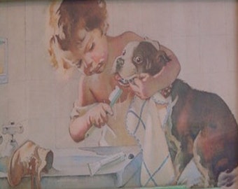 Vintage Girl Brushing Boston Terrier's Teeth Print Decoupaged on Wood Color