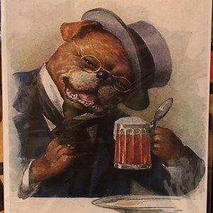 May include: A cartoon bulldog wearing a blue hat and glasses is holding a mug of beer with a spoon in the other hand. The bulldog is smiling and has a happy expression on its face.