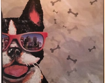 Boston Terrier with Sunglases Print Decoupaged on Wood