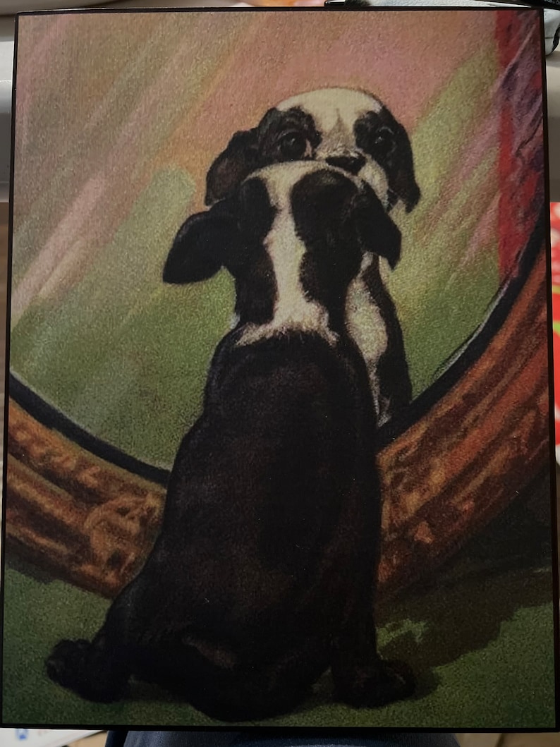 Vintage Boston Terrier Looking In Mirror Print Decoupaged on Wood image 2