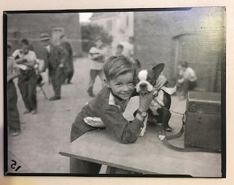 Vintage Boston Terrier with Little Boy Decoupaged on Wood