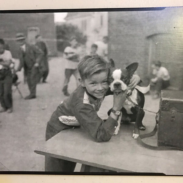 Vintage Boston Terrier with Little Boy Decoupaged on Wood