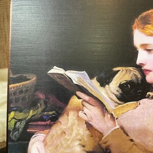 Vintage Woman Reading a book with Pug Print Decoupaged on Wood image 3