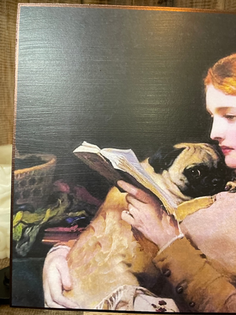 Vintage Woman Reading a book with Pug Print Decoupaged on Wood image 3