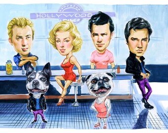 Classic Hollywood Diner Setting with A Boston Terrier and a Pug joined by James, Marilyn ,  Brando, and Elvis  Wooden Art Frame