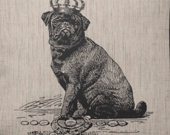 Vintage Pug Wearing Crown Print  Decoupaged on Wood