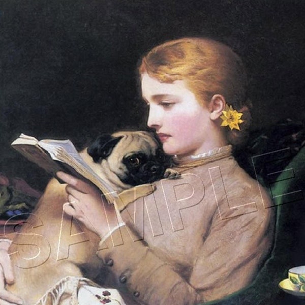 Mujer vintage leyendo un libro con estampado de carlino aplicado mediante decoupage sobre madera.