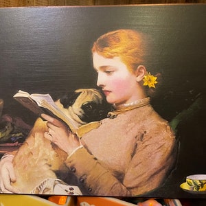 Vintage Woman Reading a book with Pug Print Decoupaged on Wood image 2