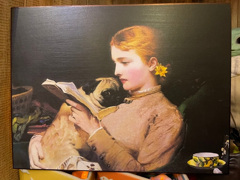 Vintage Woman Reading a book with Pug Print Decoupaged on Wood image 2