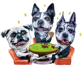 Two Boston Terriers and a Pug Playing Poker   Wooden Art Frame