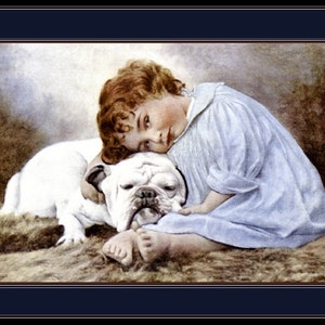 Antique English Bulldog being hugged by Little Girl Photo Decoupaged on Wood