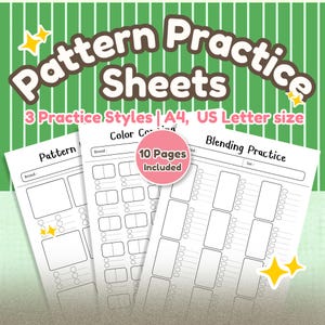 May include: Pattern practice sheets with three practice styles, A4 and US letter size. The image shows three sheets with different patterns and a pink circle that says "10 Pages Included". The background is green with white stripes.