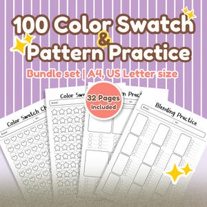 May include: A bundle of 4 white paper sheets for color swatch and pattern practice. The sheets include various shapes and patterns for blending and color exercises. The text on the image says "100 Color Swatch & Pattern Practice" and "Bundle set | A4, US Letter size".