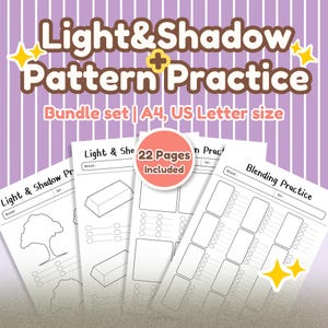 以下が含まれることがあります： 光と影のパターン練習シートのバンドルセット。表紙には「Light & Shadow Pattern Practice」と「Bundle set | A4, US Letter size」の文字が記載されています。このセットには、ブレンドとシェーディングの練習問題が22ページ含まれています。