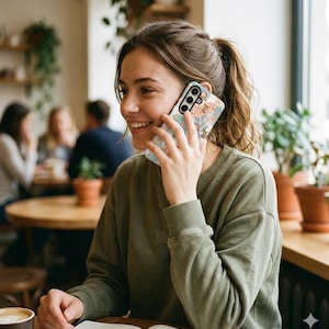 Può includere: Una custodia per telefono con motivo floreale nei toni del rosa, blu e beige. La custodia è su uno smartphone tenuto all'orecchio. La persona indossa una felpa verde e sorride.