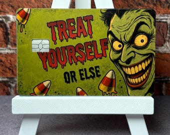 Treat Yourself Card Skin | Funny Vintage Horror Halloween Debit Sticker | Candy Corn Cover