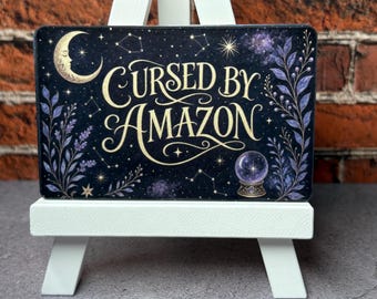 Cursed By Amazon Card Skin | Funny Witchy Halloween Debit Sticker | Celestial Navy Gold Cover