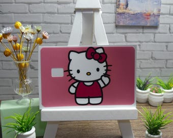 Kawaii cat debit card skin, pink cartoon cat vinyl decal, wallet sticker