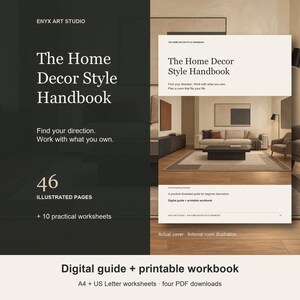 May include: The Home Decor Style Handbook digital guide and printable workbook by Enyx Art Studio. The cover features a beige living room illustration with a sofa and armchair. Includes 46 illustrated pages, 10 worksheets, A4 and US Letter sizes.