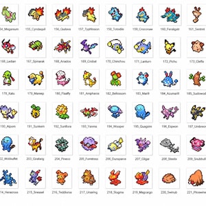 May include: A grid of 72 small, colorful pixel art illustrations of various fictional creatures, each labeled with a unique number and name ranging from 152 Chikorita to 223 Remoraid, arranged in a structured, multi-row display.