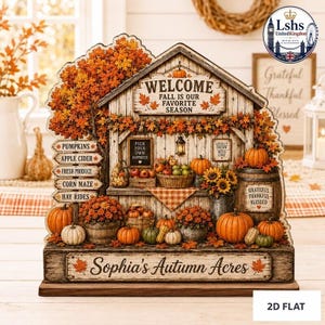 Könnte beinhalten: Ein dekoratives Holzschild mit einer rustikalen Hofladen-Szene mit Kürbissen, Sonnenblumen und Herbstlaub. Das Schild zeigt den Text Welcome Fall Is Our Favorite Season, Sophia's Autumn Acres sowie verschiedene Wegweiser-Schilder.
