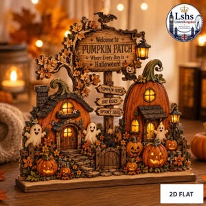 Placa de madera personalizada de Halloween con diseño de huerto de calabazas, letrero personalizado con el nombre de la familia, diseño plano 2D de pueblo embrujado, decoración de temporada espeluznante, letrero de bienvenida de otoño.