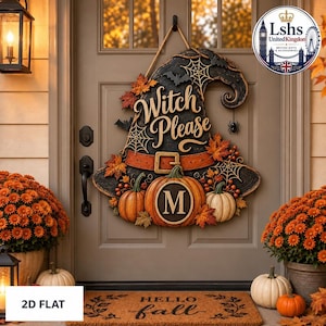 May include: A black witch hat door sign featuring the text Witch Please, a brown belt with a buckle, orange pumpkins, a central pumpkin with the letter M, spiderwebs, bats, and autumn leaves. The sign is hung on a door with a rope.