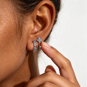 Asymmetric Four Leaf Clover Zircon Earrings, Dainty Sparkle Stackable Piercing Studs, Women Holiday Gif
