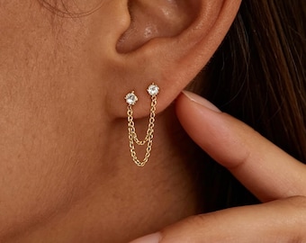 Örhängen i sterlingsilver med dubbla kedjor, 18K guldpläterade CZ-stenar, fina örhängen i guld/silver