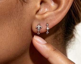 Gothic four-pointed star and Fleur-de-lis  Huggie Earrings, sterling silver earrings, Y2K Vintage style stacked Hoops