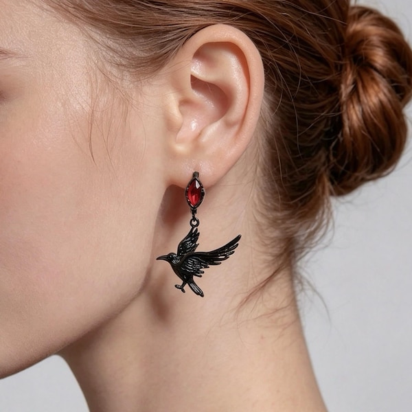 Gothic Raven Dangle Earrings, Red Zircon Drop Earrings, Dark Aesthetic Witchy Jewelry, Halloween Costume Accessory