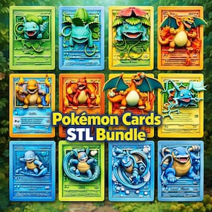 May include: A collection of twelve 3D-style trading cards featuring various creatures in relief, arranged in a grid. The cards display vibrant colours and include the text Pokémon Cards STL Bundle centred over the middle of the image.