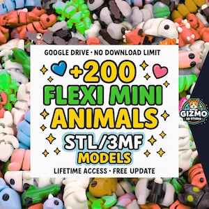 May include: A collection of colorful, flexible mini animal models. The image features a variety of animal shapes in different colors, with a central graphic that reads "+200 FLEXI MINI ANIMALS STL/3MF MODELS". The text also mentions "GOOGLE DRIVE - NO DOWNLOAD LIMIT".