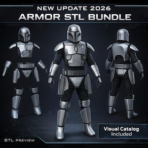 Pode incluir: Uma renderização digital de um conjunto de armadura prateada, com o texto "NEW UPDATE 2026 ARMOR STL BUNDLE". A armadura é exibida em três vistas: desmontada, frontal e traseira. As palavras "Visual Catalog Included" e "STL PREVIEW" também são visíveis.