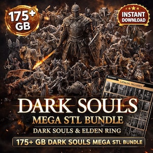 Może przedstawiać: Cyfrowa kolekcja zatytułowana Dark Souls Mega STL Bundle zawierająca postacie z Dark Souls i Elden Ring. Obraz przedstawia mroczny, szczegółowy montaż wojowników i stworzeń fantasy z napisami 175+ GB oraz Instant Download.