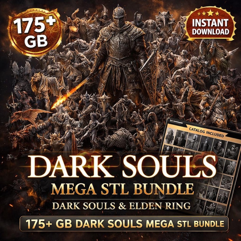 Op de afbeelding: Een digitale collectie genaamd Dark Souls Mega STL Bundle met personages uit Dark Souls en Elden Ring. De afbeelding toont een donkere, gedetailleerde montage van fantasiekrijgers en wezens met teksten als 175+ GB en Instant Download.