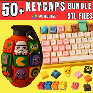 May include: A bundle of 50+ STL files for 3D printable keycaps, featuring a red grenade-shaped display case covered in various character-themed keycaps, a yellow mechanical keyboard with pastel keys, and several loose colorful keycaps.