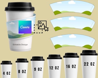 Paper Cup Wrapper Template Bundle | 4–22 oz Coffee Cup Wraps | Svg Png Pdf Dxf Eps | Canva Editable Design