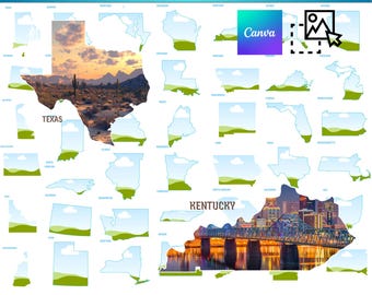 50 USA States Canva Frames Bundle | Editable US State Shapes (svg, png, dxf, pdf)