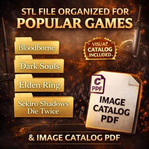 Op de afbeelding: Een digitale afbeelding met goudkleurige mappen met de labels Bloodborne, Dark Souls, Elden Ring en Sekiro Shadows Die Twice. Het bevat een documentpictogram met het label Image Catalog PDF en tekst met STL File Organized for Popular Games.