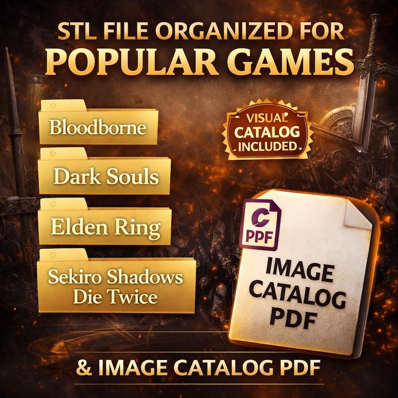 Op de afbeelding: Een digitale afbeelding met goudkleurige mappen met de labels Bloodborne, Dark Souls, Elden Ring en Sekiro Shadows Die Twice. Het bevat een documentpictogram met het label Image Catalog PDF en tekst met STL File Organized for Popular Games.