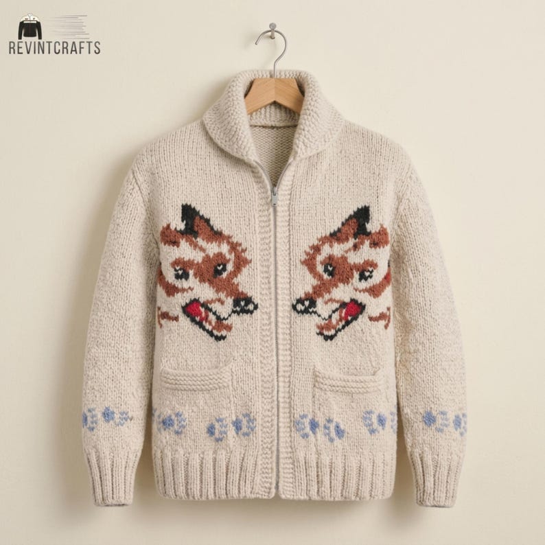 May include: A cream-colored knit zip-up cardigan featuring a shawl collar and two front pockets. The garment displays two symmetrical fox head motifs in brown, black, and red, with light blue paw print patterns along the bottom hem and cuffs.