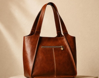 Handmade Full Grain Leather Tote Bag, Elegant Italian Handbag, Vintage Shoulder Purse