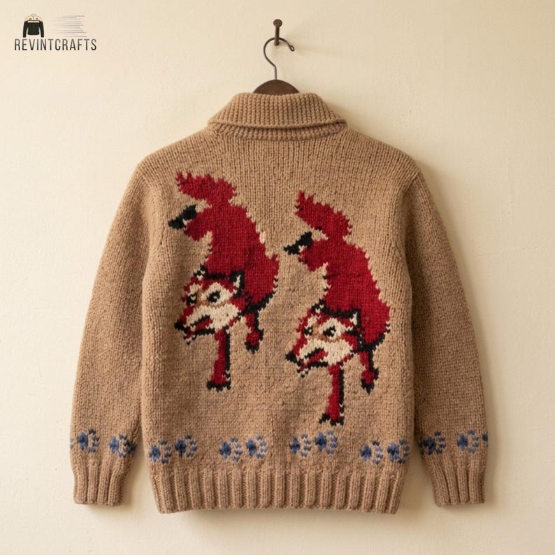 May include: A tan knit cardigan featuring a shawl collar and a graphic design of two red foxes on the back. The sleeves and hem are decorated with a repeating blue paw print pattern. The text REVINTCRAFTS is visible in the upper left corner.