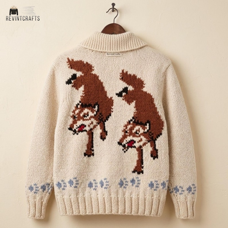 May include: A cream-colored knit cardigan featuring a shawl collar and long sleeves. The back displays two brown wolf motifs with white and black details, positioned above a row of light blue paw prints along the ribbed hem and sleeve cuffs.