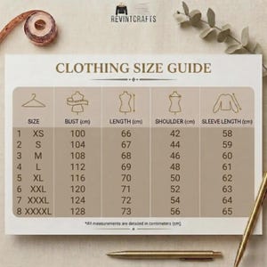 May include: A white clothing size guide chart with the text REVINTCRAFTS at the top. The table lists sizes from XS to XXXXL with corresponding measurements in centimeters for bust, length, shoulder, and sleeve length, accompanied by icons.