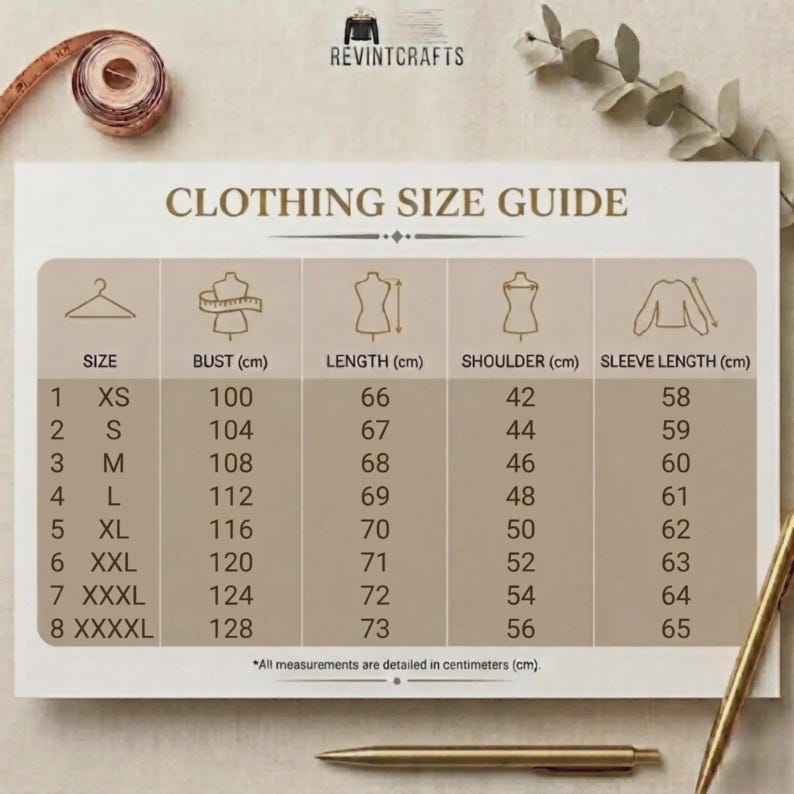 May include: A white clothing size guide chart with the text REVINTCRAFTS at the top. The table lists sizes from XS to XXXXL with corresponding measurements in centimeters for bust, length, shoulder, and sleeve length, accompanied by icons.