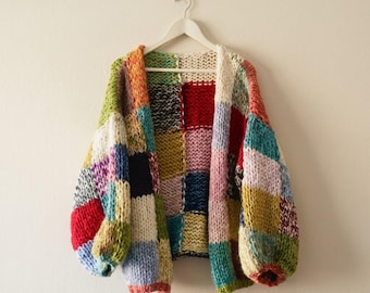Handmade Patchwork Cardigan, Oversized Chunky Knit Sweater, Boho Festival Apparel, Unique Colorful Knitwear Top