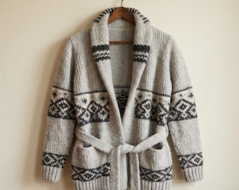 Grey Belted Starsky Marilyn Cardigan Sweater: Chunky Knit Wool Cowichan Sweater - Made to Order